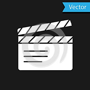 White Movie clapper icon isolated on black background. Film clapper board. Clapperboard sign. Cinema production or media