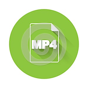 White MP4 file document. Download mp4 button icon isolated with long shadow background. MP4 file symbol. Green circle