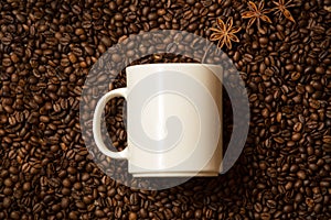 White mug against coffee beans with anise stars lying like steam