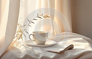 white mug and book with a saucer