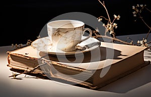 white mug and book with a saucer