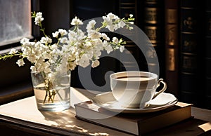 white mug and book with a saucer