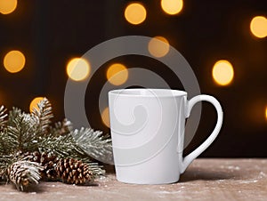 White mug on Christmas background, cup mockup