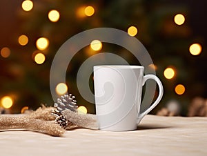 White mug on Christmas background, cup mockup