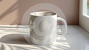 A white mug with a handle sits on a marble countertop, with sunlight streaming in from a window