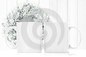 White mug mock up bright Christmas decoration. Sublimation mockup photo