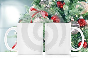 White mug mock up Christmas tree decoration. Sublimation mockup photo