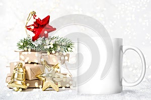 White mug mockup Christmas decoration. Sublimation mock up photo