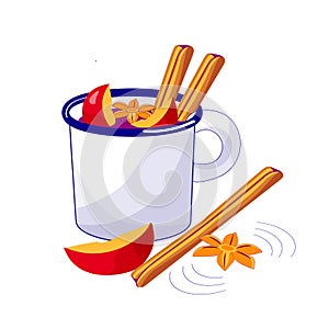 White mug with mulled wine with apples, anis and cinnamon sticks