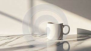 White Mug Sitting on Marble Surface in Sunlight