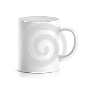 White Mug Vector. 3D Realistic Ceramic Or Plastic Cup Isolated On White Background. Classic Cafe Cup Mock Up With Handle