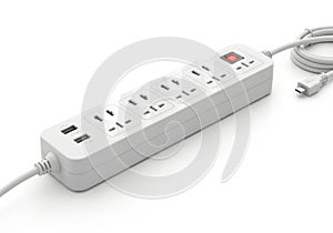 White multi socket power strip with usb ports and power switch isolated on white background