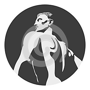 white muscle man figure in a black circle in lictorian style