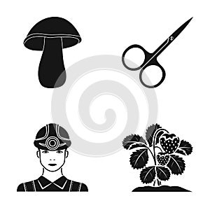 White mushroom, scissors and other web icon in black style. worker, strawberry icons in set collection.