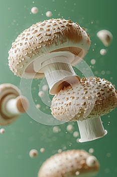 White Mushrooms in Motion on Green