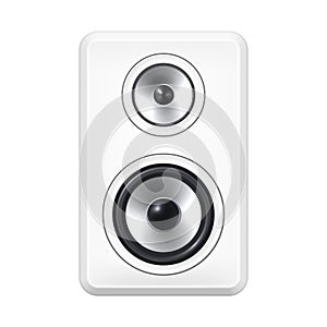 White music column on white background. Bass speaker and tweeter.