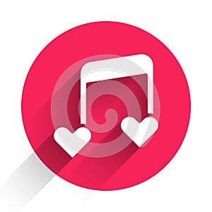 White Music note, tone with hearts icon isolated with long shadow. Valentines day. Red circle button. Vector