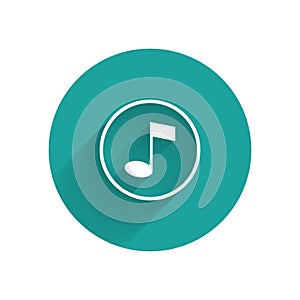 White Music note, tone icon isolated with long shadow. Green circle button. Vector