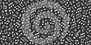 White music notes on black, seamless pattern