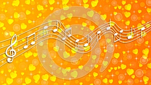 White Music Notes, Bubbles, Sparkles and Hearts in Yellow and Orange Gradient Background