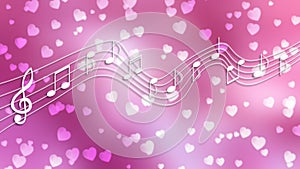 White Music Notes and Hearts in Blurred Pink Background