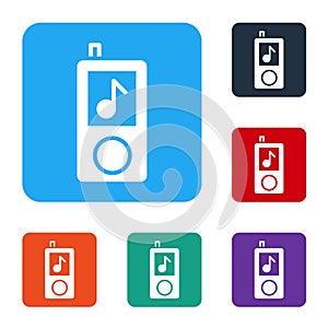 White Music player icon isolated on white background. Portable music device. Set icons in color square buttons. Vector