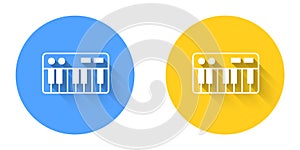 White Music synthesizer icon isolated with long shadow background. Electronic piano. Circle button. Vector
