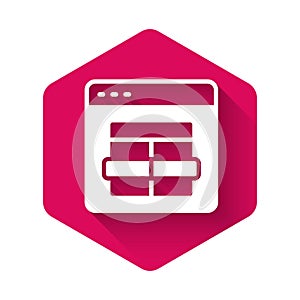 White MySQL code icon isolated with long shadow background. HTML Code symbol for your web site design. Pink hexagon