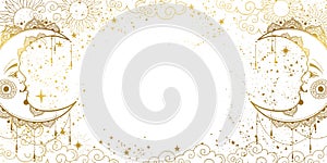 White mystical background with golden crescent moon with face, cosmic pattern with copy space for text. Layout for