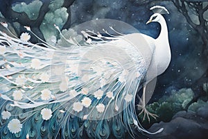 White mystical peacock, dramatic storybook illustration