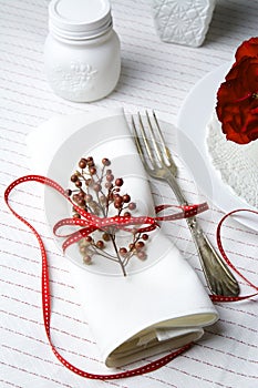White napkin decorated with red ribbon Christmas plant, table se