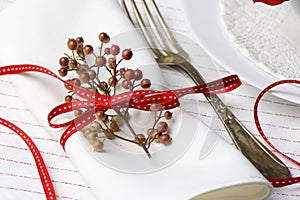 White napkin decorated with red ribbon Christmas plant, table se