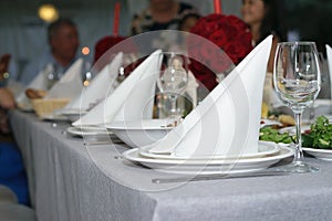 White napkins stand in triangles in clean plates on a set table