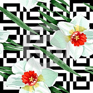 White narcissus floral botanical flower. Watercolor background illustration set. Seamless background pattern.