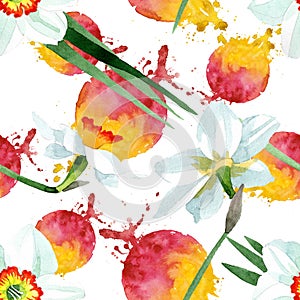 White narcissus floral botanical flower. Watercolor background illustration set. Seamless background pattern.