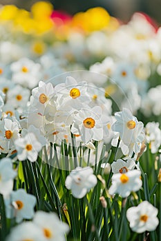 White narcissus flowers blooming in colorful spring garden