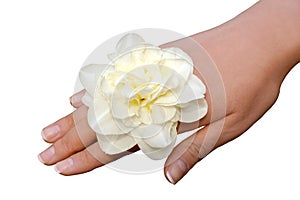 White narcissus on woman hand isolated