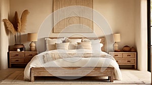 White And Natural Bedroom With Wood Bed In Himalayan Art Style