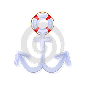 White Nautical Anchor glossy 3d blue, rounded plastic realistic toy. Modern decor vector isolated icon. Ship equipment