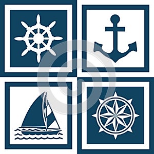 White and navy blue illustration with sailing symbols