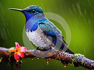 White-necked Jacobin Bathing In The Rain