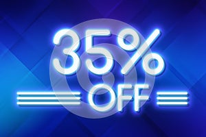 White neon inscriptions off 35 of discounts on a blue art background Price labele sale promotion market. tag offer