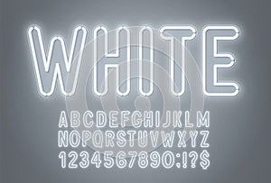 White neon light font on a gray background.