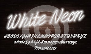 White Neon script alphabet font. Neon color lowercase and uppercase bright letters and numbers.