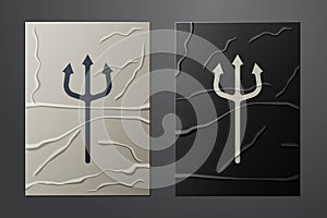 White Neptune Trident icon isolated on crumpled paper background. Happy Halloween party. Paper art style. Vector