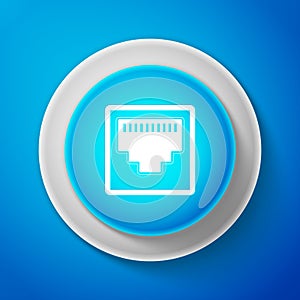 White Network port - cable socket icon isolated on blue background. LAN port icon. Ethernet simple icon. Local area