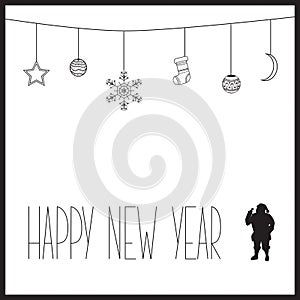 White New Year card with black text and silhouette of Santa Claus. vector illustration