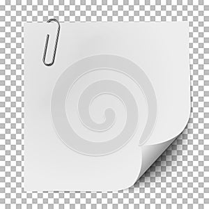 White note paper with glaring metallic clip isolated on transparent background