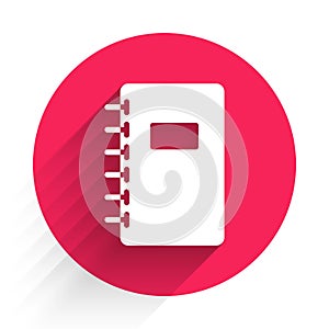 White Notebook icon isolated with long shadow. Spiral notepad icon. School notebook. Writing pad. Diary for school. Red