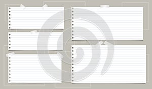 White notebook paper, lined and squared note paper strips stuck on light background. Vector illustration